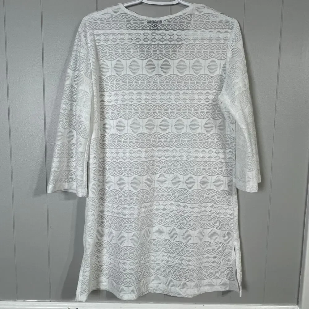 J Valdi White Sheer Lace Swim Cover Up Tunic M 3/4 Sleeve Beach Resort